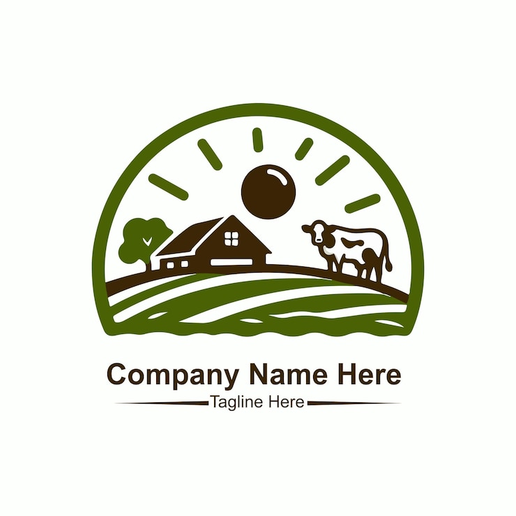 Ein Logo für einen ökologischen Bauernhof mit einer Sonne und Kühen oben
