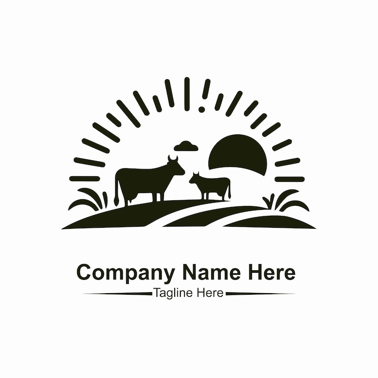 Ein Logo für einen ökologischen Bauernhof mit einer Sonne und Kühen oben