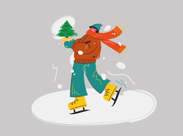 Ein Mädchen auf Schlittschuhen auf dem Eis mit einem Weihnachtsbaum in den Händen, eine flache Illustration, Neujahrskarte