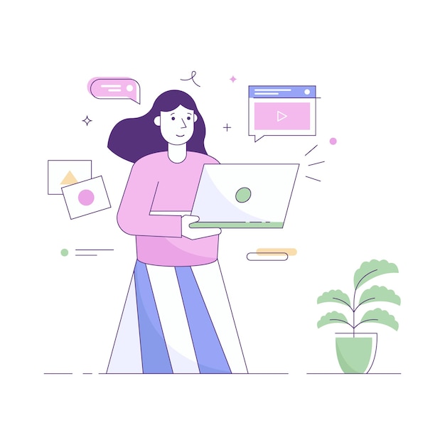 Ein Mädchen, das eine flache Illustration des Online-Chats hat