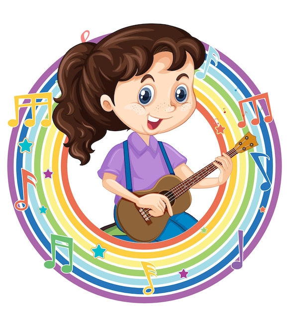 Ein Mädchen, das Gitarre im runden Rahmen des Regenbogens mit Melodiesymbolen spielt