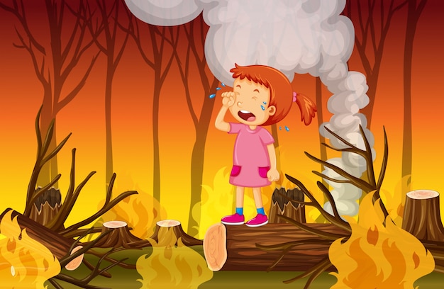 Ein Mädchen, das im Wald des wilden Feuers schreit