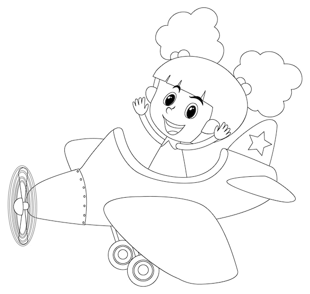 Vektor ein mädchen im flugzeug schwarz-weiß-doodle-charakter