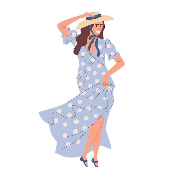 Ein Mädchen in einem langen blauen Kleid tanzt Glückliche Frau, die Salsa und Bachata tanzt
