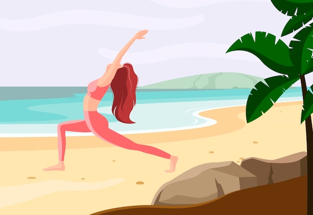 Ein mädchen macht yoga am strand cartoon-design