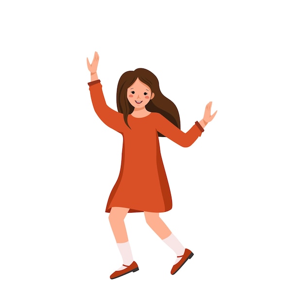 Ein Mädchen mit braunen Haaren im Gesicht in einem roten Kleid und Schuhen tanzt Fröhliches süßes Kinderlächeln Teenager in lässiger Sommerkleidung Internationaler Weltkindertag