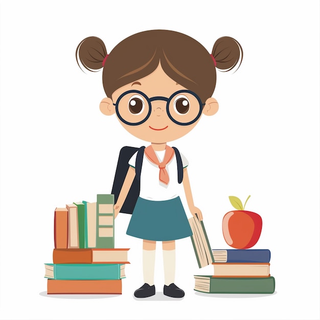 ein Mädchen mit Brille und einem Buch mit einem Apfel oben