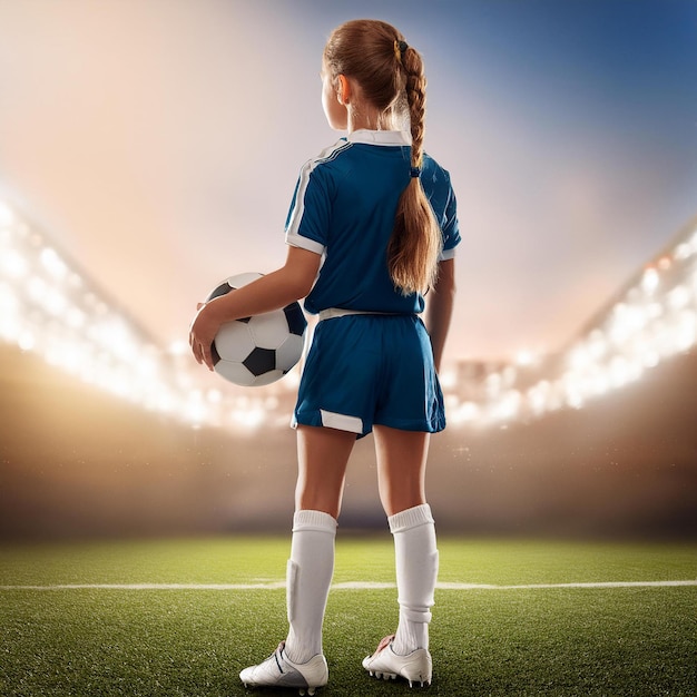 ein Mädchen mit einem Fußball auf dem Spielfeld