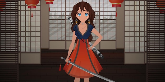 Ein mädchen mit einem katana in einem blauen und roten kleid steht in einem japanischen raum anime-samurai-frau cartoon-stil-vektorillustration