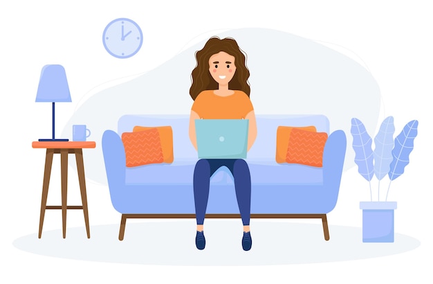 Ein Mädchen mit einem Laptop sitzt auf einem Stuhl. Freiberufliches oder Studienkonzept. Nette Illustration im flachen Stil.