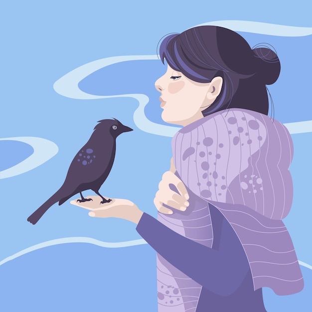 Vektor ein mädchen mit einem vogel vektor-illustration