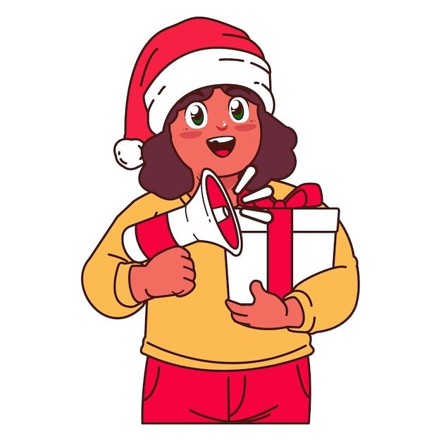 Ein Mädchen mit einem Weihnachtsmannshut hält eine Geschenkkiste und ein Megafon