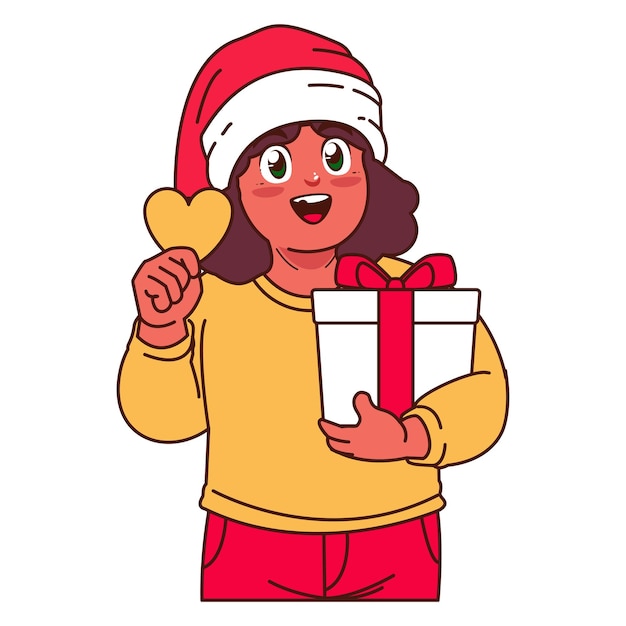Ein Mädchen mit einem Weihnachtsmannshut hält eine Geschenkkiste