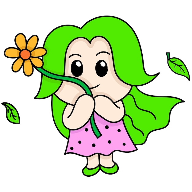 Ein mädchen mit sonnenblumen begrüßt den frühling, doodle draw kawaii. vektorillustrationskunst