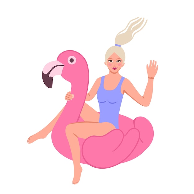 Ein mädchen sitzt auf einem aufblasbaren flamingo. handgezeichnete illustration.