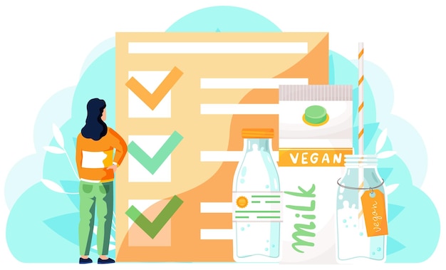 Ein mädchen steht und untersucht die markierte checkliste auf dem hintergrund des veganismus-konzepts vegane milch