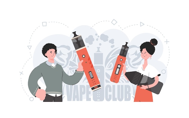 Ein mädchen und ein mann halten ein vaping-system in ihren händen flacher stil das konzept von dampf und vape vektorillustration