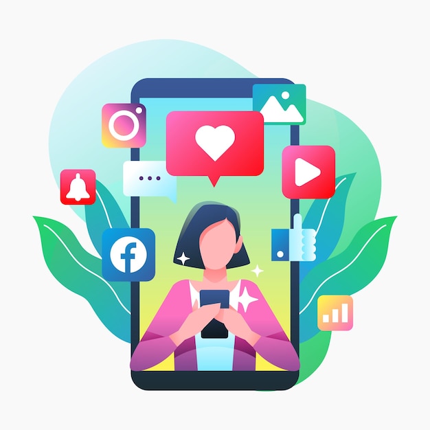 Ein mädchen verwenden sie smartphone & surfen social media illustration design