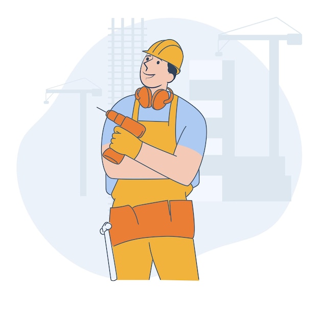 Ein männlicher Bauarbeiter hält eine Bohrmaschine in der Hand