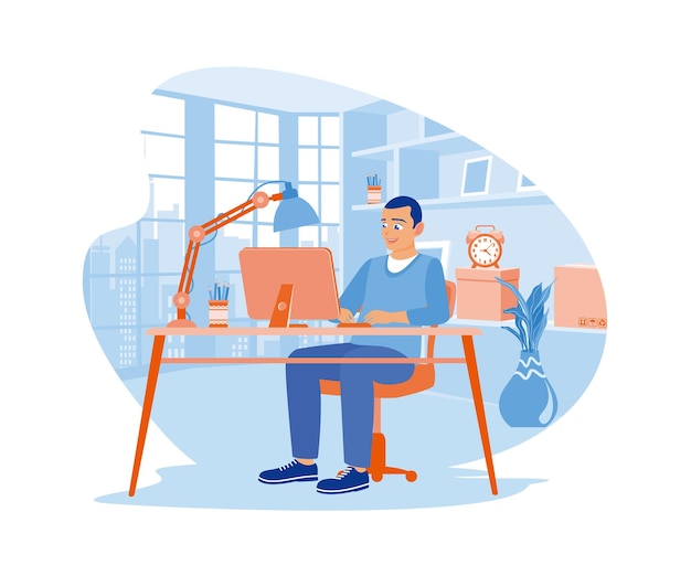 Ein männlicher Geschäftsmann sitzt vor einem Computer und konzentriert sich auf die Arbeit mit Computern.