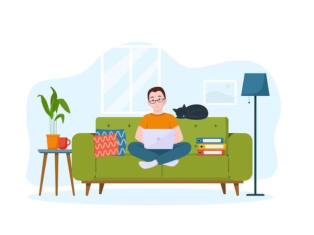 Ein Mann arbeitet am Laptop auf der Couch Work-from-Home-Konzept