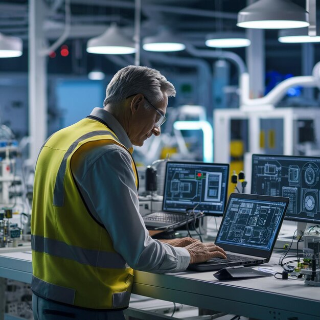 Vektor ein mann arbeitet an einem computer in einer fabrik