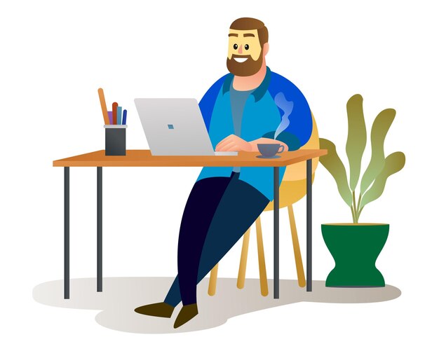 Ein Mann arbeitet im Studio über einer Tasse Kaffee an einer Vektorillustration