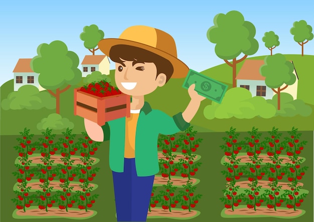 Ein Mann, der frische Tomaten von seiner Farm verkauft, lässt ihn von seiner Investition profitieren