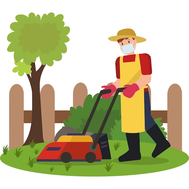 Ein Mann, der seine Gartenillustration mäht