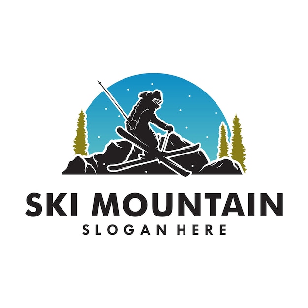 Ein mann, der ski im berg-logo-design spielt