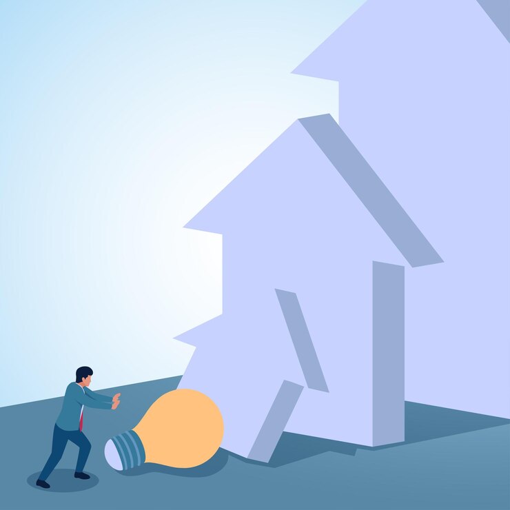 Vektor ein mann drückt eine lampe, um einen domino-effekt zu erzeugen illustration des wertes einer idee wertvolle gedanken und grenzenlose kreativität