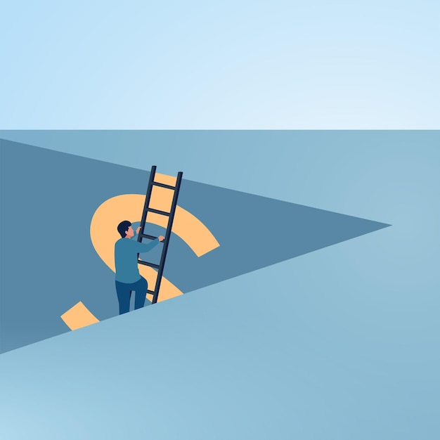 Ein Mann erklimmt die Leiter vom Geldsymbol zur Freiheit Illustration für finanzielle Freiheit reichhaltiger Reichtum und Reichtum