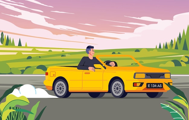 Ein Mann fährt ein Cabriolet auf der Straße entlang der Natur, der Hügel und der Wiesenlandschaft