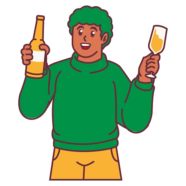Ein Mann feiert eine Party und hält ein Glas Champagner mit Flaschen