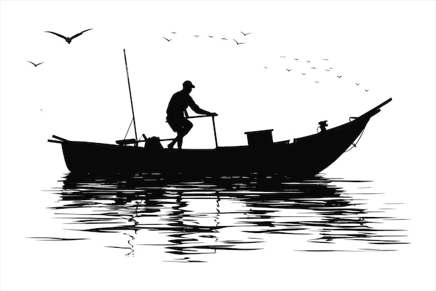 ein Mann fischt auf einem Boot mit Vögeln, die darüber fliegen