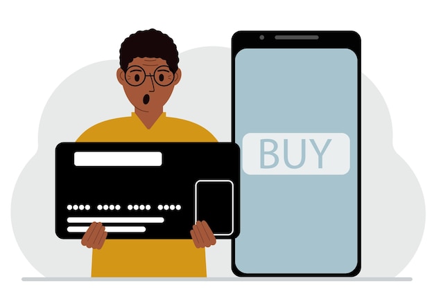 Ein Mann hält eine riesige Kreditkarte neben einem Smartphone mit einer Schaltfläche "Kaufen" auf dem Bildschirm Das Konzept der Online-Zahlungen mit Zahlung per Mobiltelefon