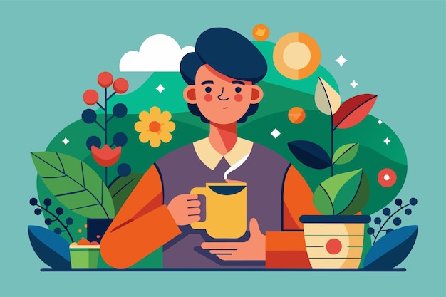 Ein Mann hält eine Tasse Kaffee in seinen Händen in einer anpassbaren halbflachen Illustration Veranschaulichen Sie das Konzept der Kundensegmentierung in der digitalen Werbung