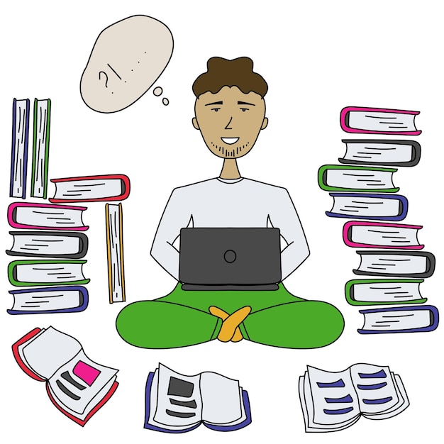 Ein mann im cartoon-stil studiert oder arbeitet mit büchern und einem laptop