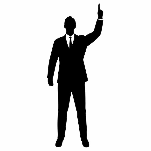 ein Mann in einem Anzug und einer Krawatte, der nach links von einem Bild eines Mannes zeigt, der seinen Finger zeigt
