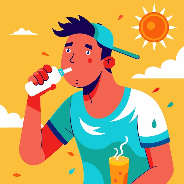 ein Mann in einem blauen Hemd trinkt aus einer Flasche Orangensaft
