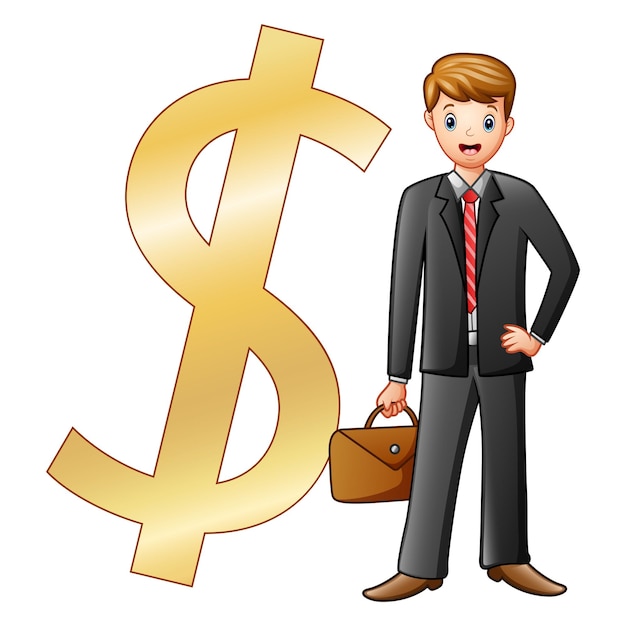 Ein mann in einem business-anzug mit einer aktentasche steht neben einem großen goldenen dollarzeichen