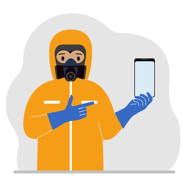 Ein mann in einem gelben strahlenschutzanzug und einem helm mit atemschutzmaske, chemischer oder biologischer schutzuniform. hält ein telefon. flache vektorgrafik.