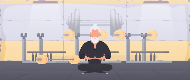 Vektor ein mann in einem schwarzen kimono meditiert. kung-fu-meister. der typ macht yoga. vektor.