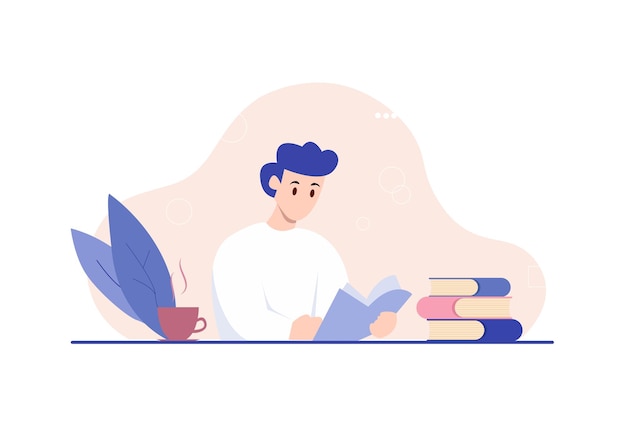 Ein Mann in einem weißen Hemd liest ein Buch mit einer Tasse Kaffee und einem Stapel Bücher auf dem Tisch. Einfaches flaches Design flache Illustration EPS 10