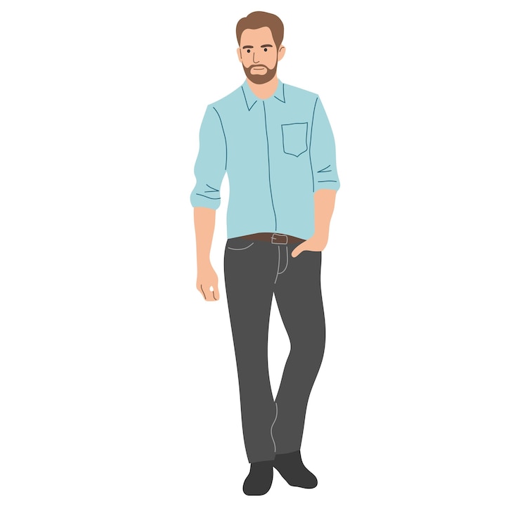 Vektor ein mann in hemd und jeans steht in voller länge, vorderansicht, flache vektorillustration