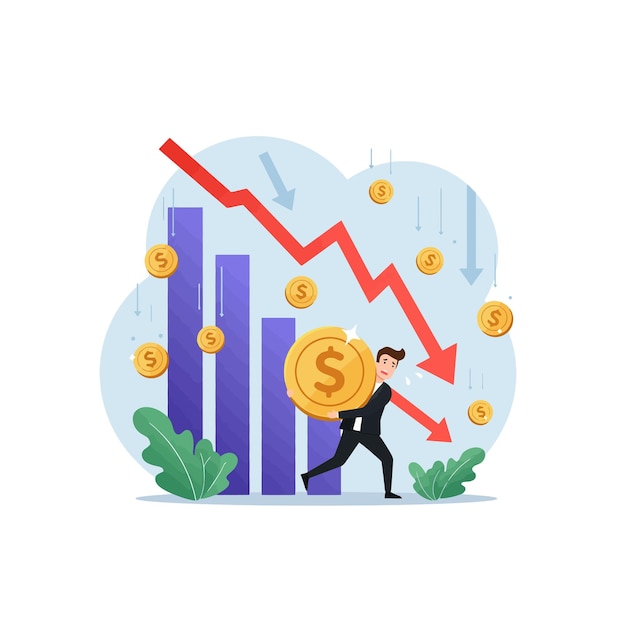 Ein Mann kämpft mit sinkenden Gewinnen Diagramm Illustration der Geschäftskrise