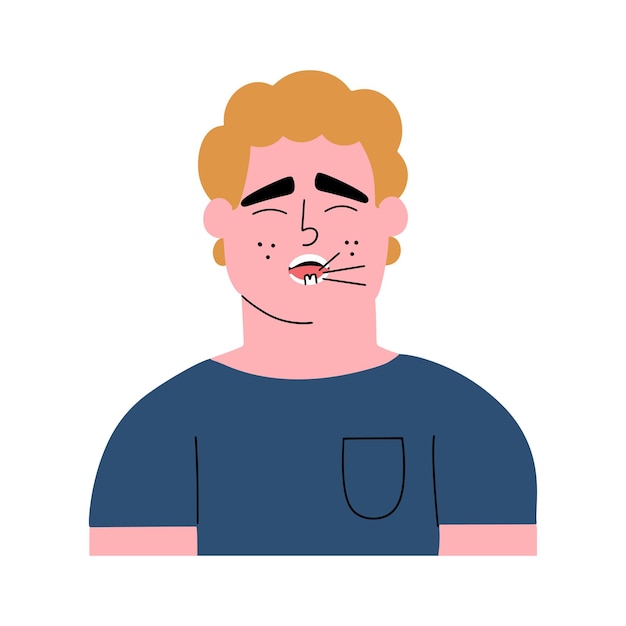 Ein mann leidet an zahnschmerzen mann mit karies rissiger zahn vektor handgezeichnete illustration