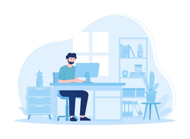 Ein Mann mit Computer arbeitet in der Studie Konzept flache Illustration