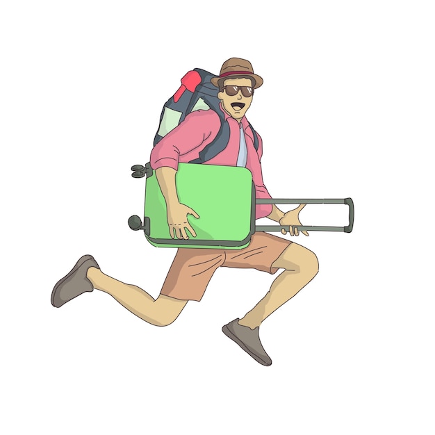 Vektor ein mann mit hut, der mit koffer und reisetasche springt, lächelnd, urlaubsurlaub, flache design-vektor