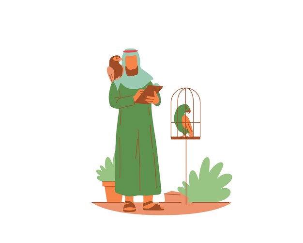 Vektor ein mann mit vögeln in einem käfig und auf den schultern vektordesign für tierpflege-illustration